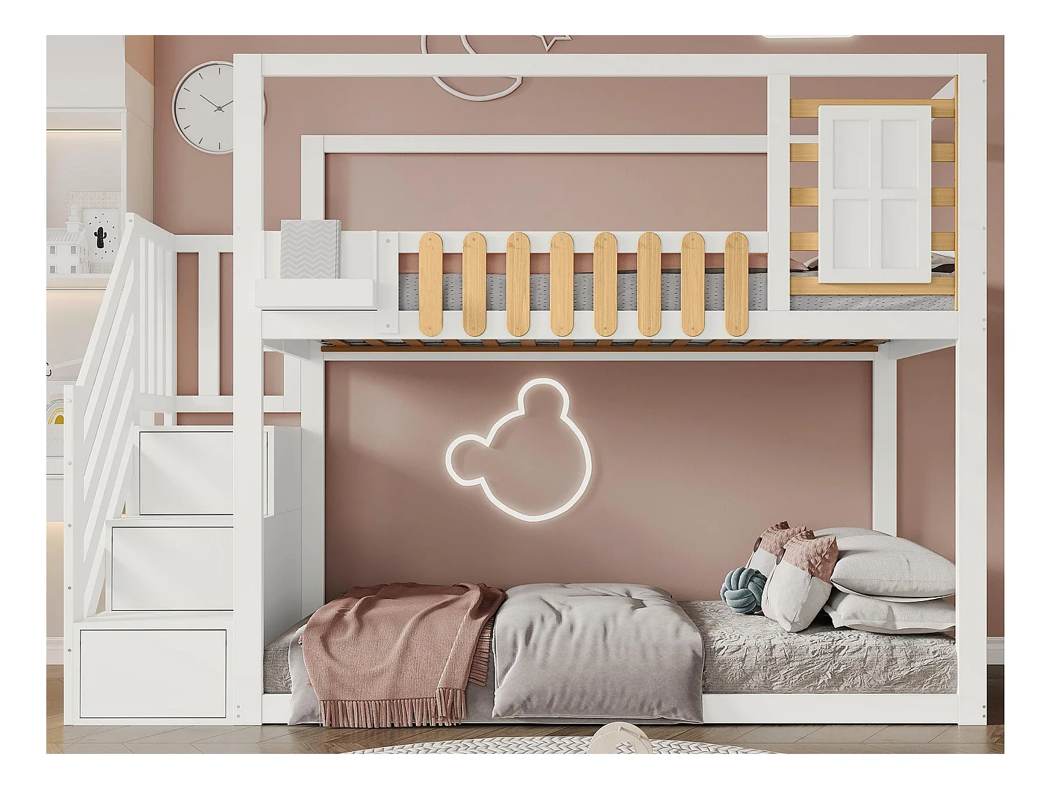 Lit superposé 90x200cm en bois massif + MDF - avec escalier de rangement - Blanc
