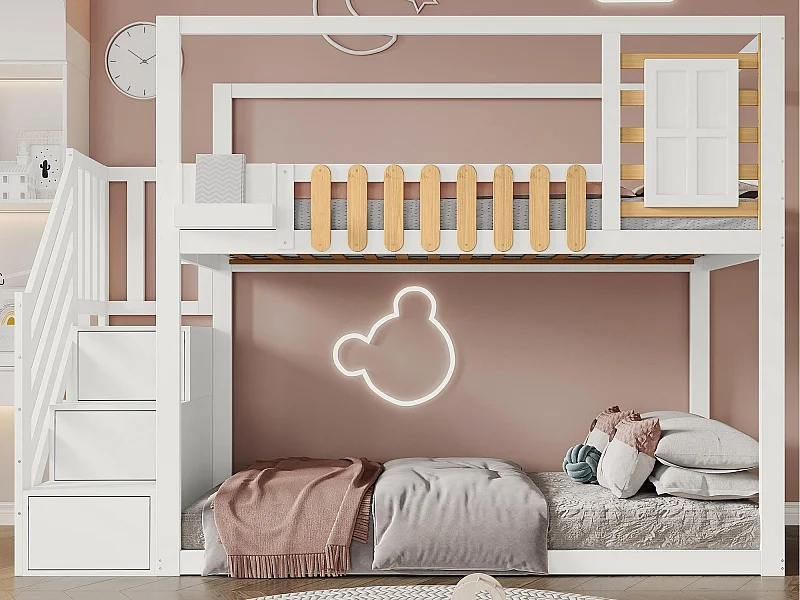 Lit superposé 90x200cm en bois massif + MDF - avec escalier de rangement - Blanc