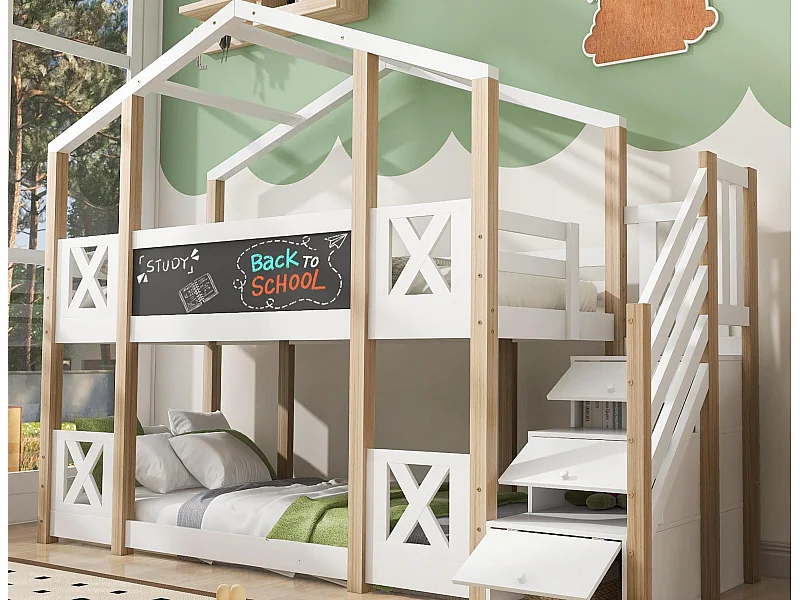 Lit superposé cabane en pin massif 90x200cm - avec barrières anti-chutes + échelle de rangement + tableau noir - Naturel & Blanc