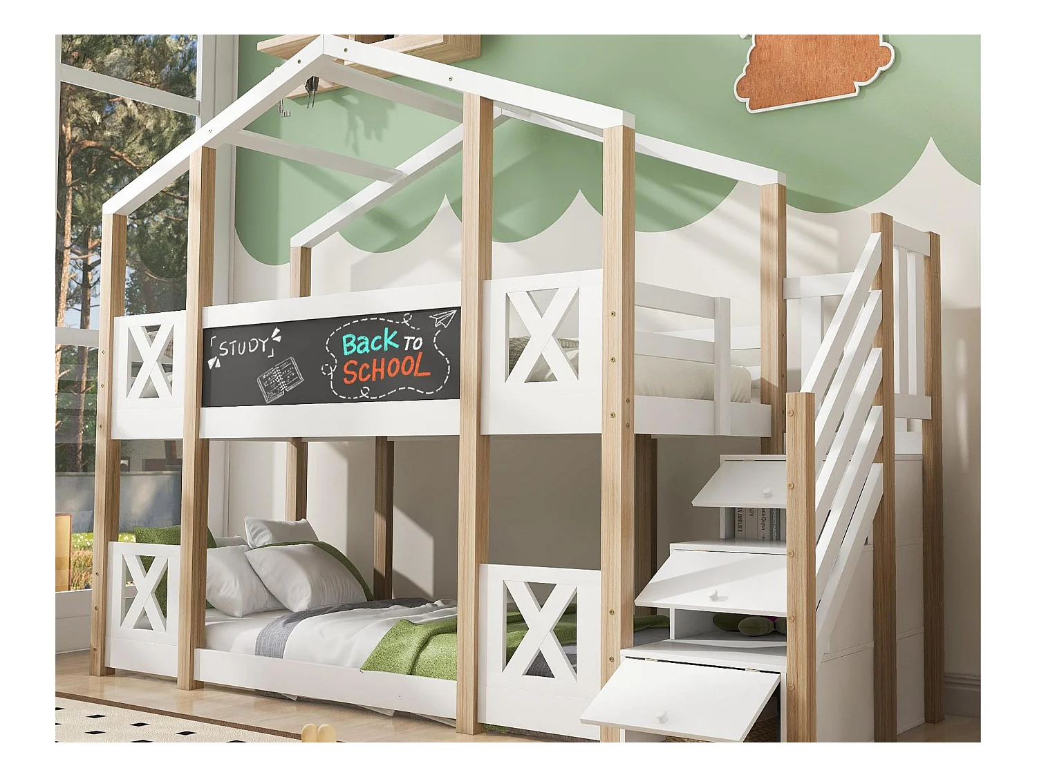 Lit superposé cabane en pin massif 90x200cm - avec barrières anti-chutes + échelle de rangement + tableau noir - Naturel & Blanc