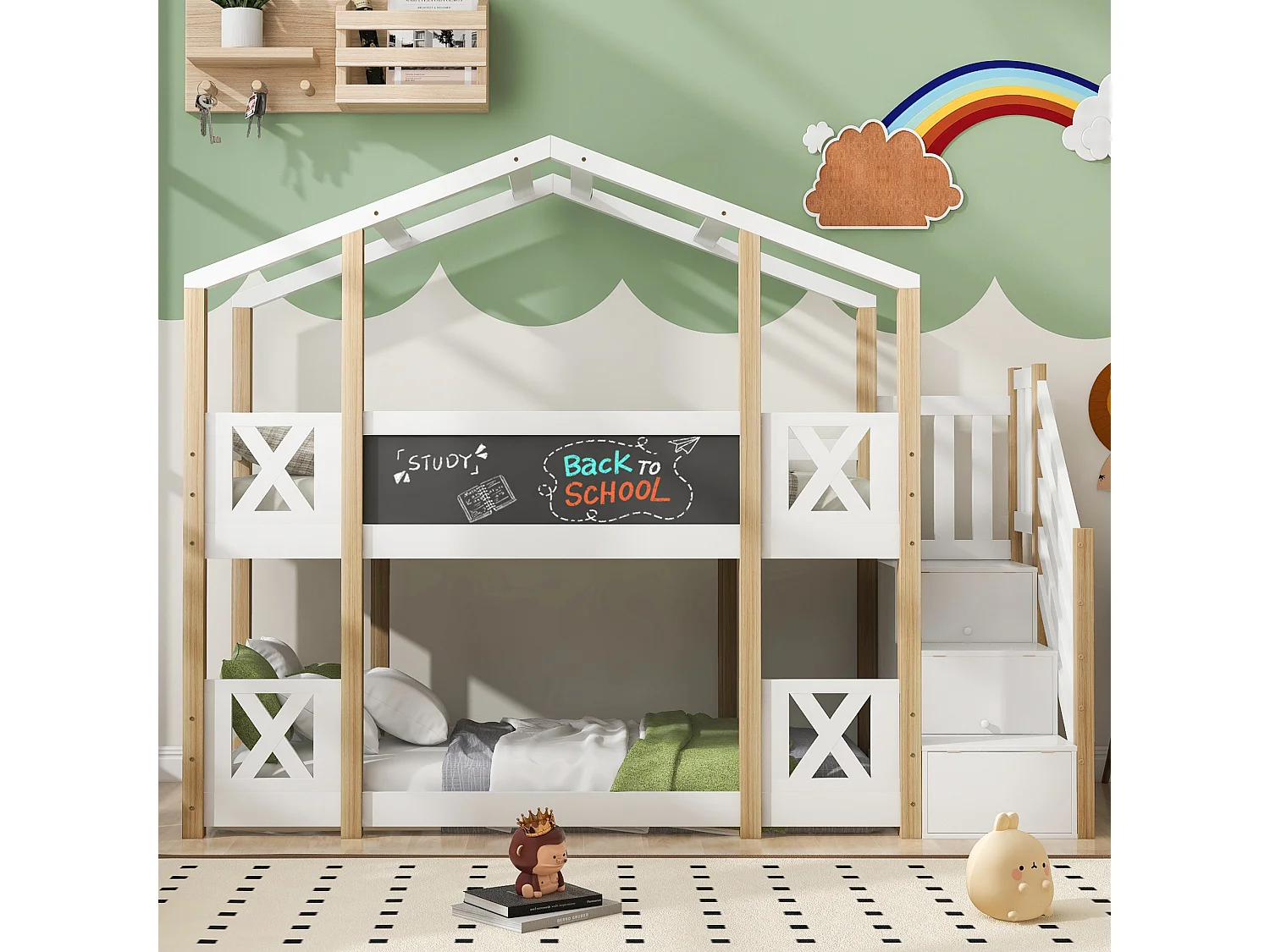 Etagenbett im Hausstil aus massivem Kiefernholz 90x200cm - mit Absturzsicherungen + Aufbewahrungslleiter + schwarze Tafel - Natur & Weiß