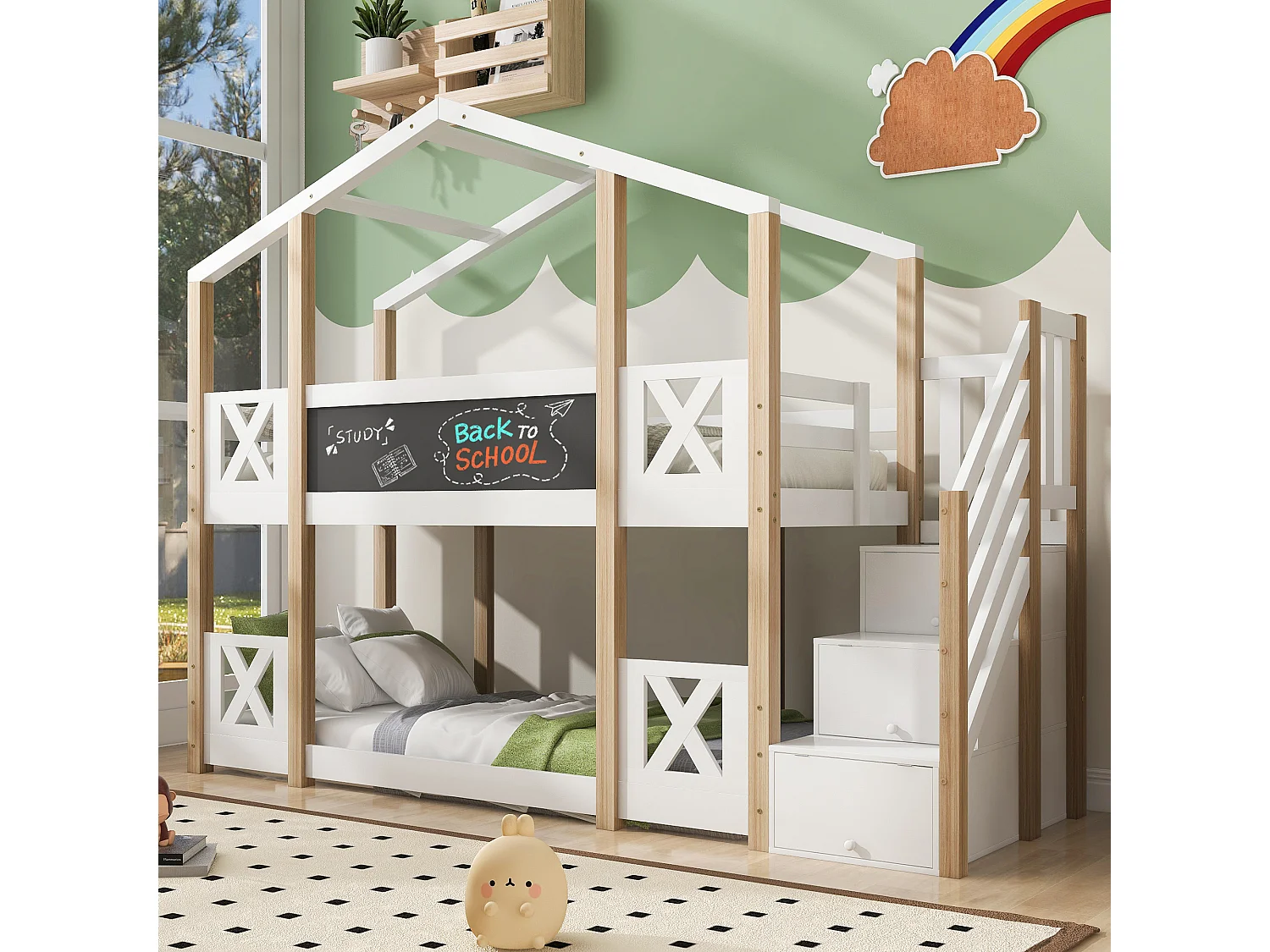 Etagenbett im Hausstil aus massivem Kiefernholz 90x200cm - mit Absturzsicherungen + Aufbewahrungslleiter + schwarze Tafel - Natur & Weiß