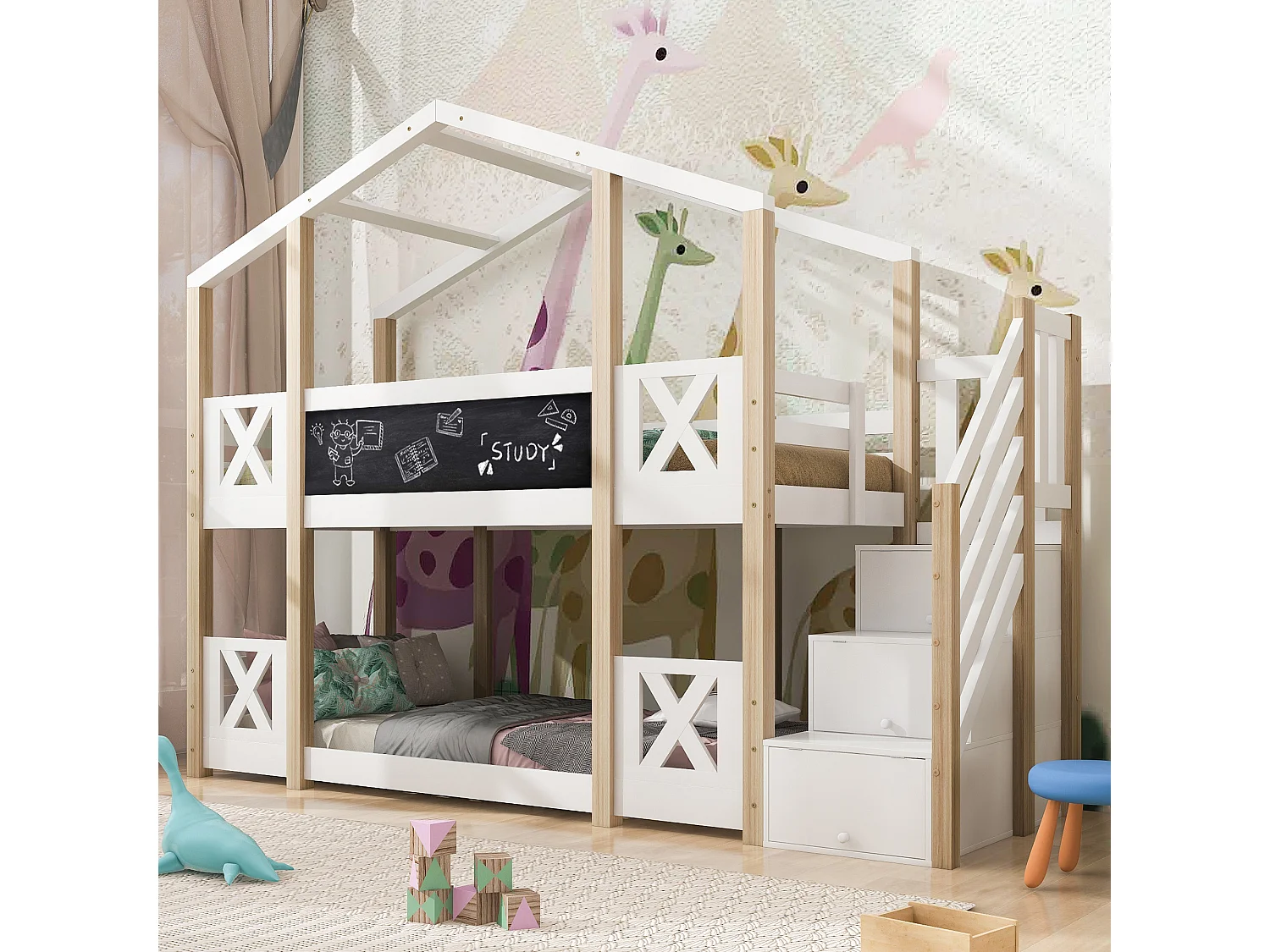 Etagenbett im Hausstil aus massivem Kiefernholz 90x200cm - mit Absturzsicherungen + Aufbewahrungslleiter + schwarze Tafel - Natur & Weiß