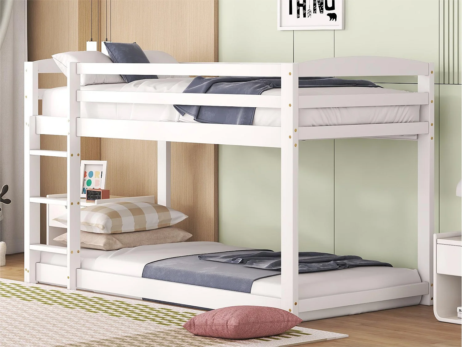 Grenen stapelbed met valbeveiliging + ladder - 90x200cm - Wit