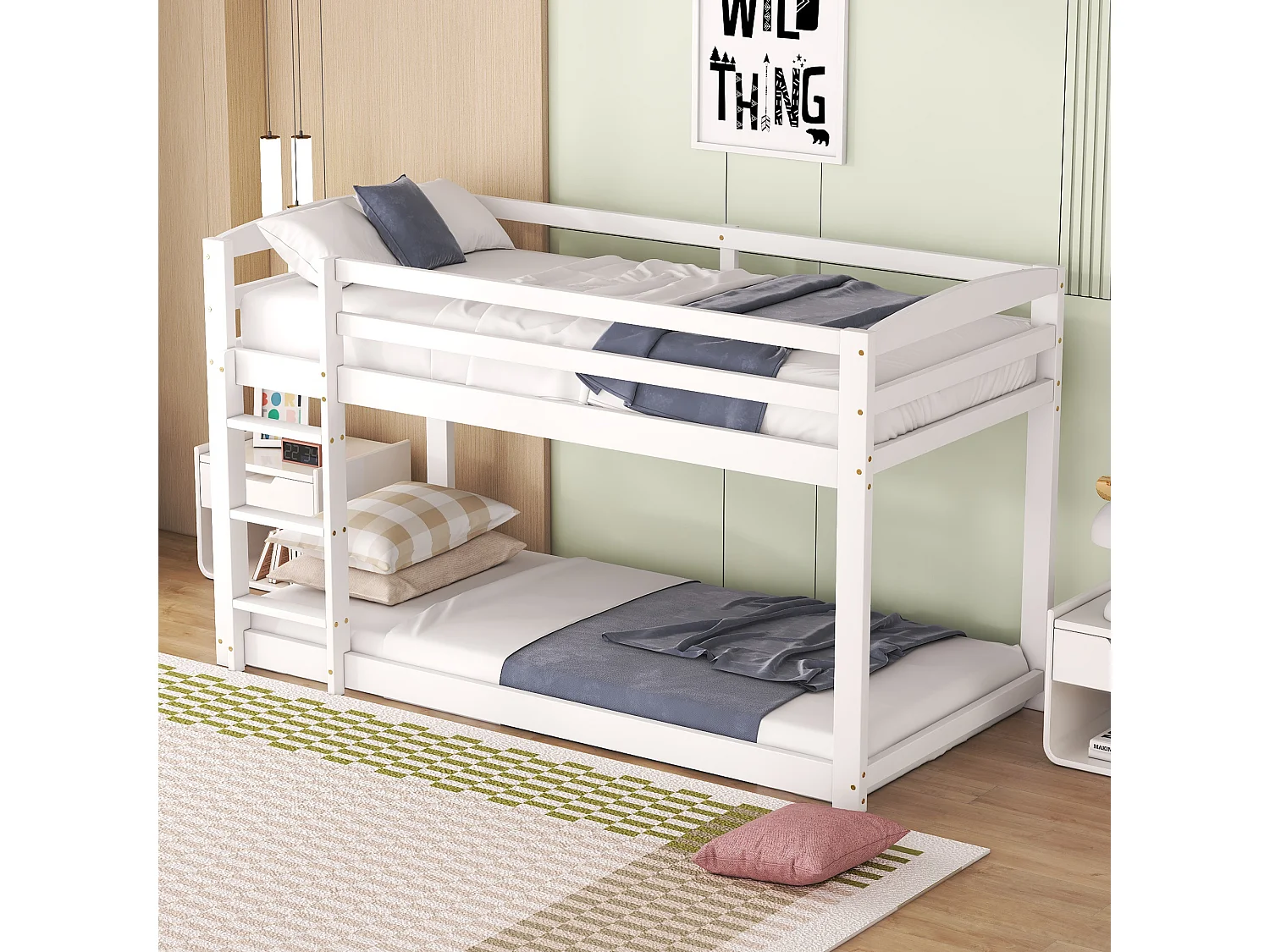 Grenen stapelbed met valbeveiliging + ladder - 90x200cm - Wit