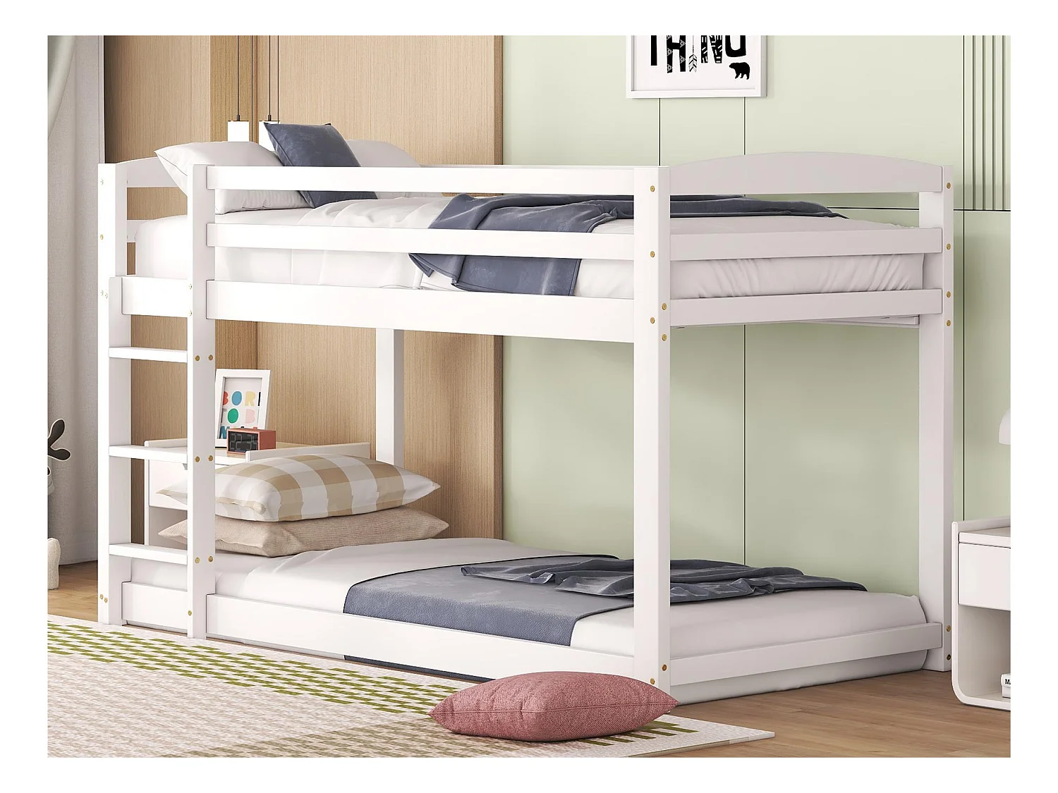 Lit superposé en pin avec barrières anti-chutes + échelle - 90x200cm - Blanc