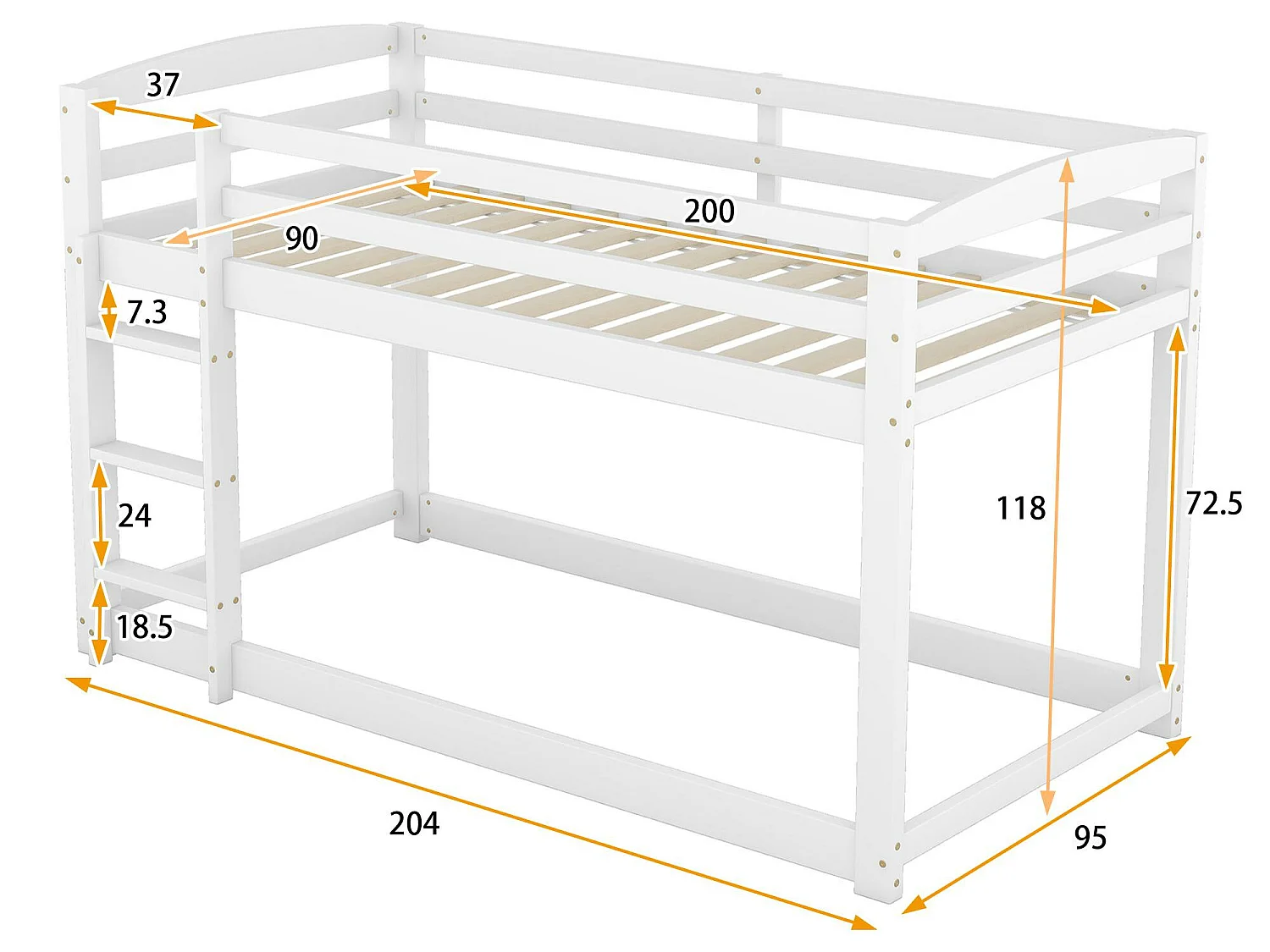 Letto a castello in pino con barriere anticaduta + scaletta - 90x200 cm - Bianco