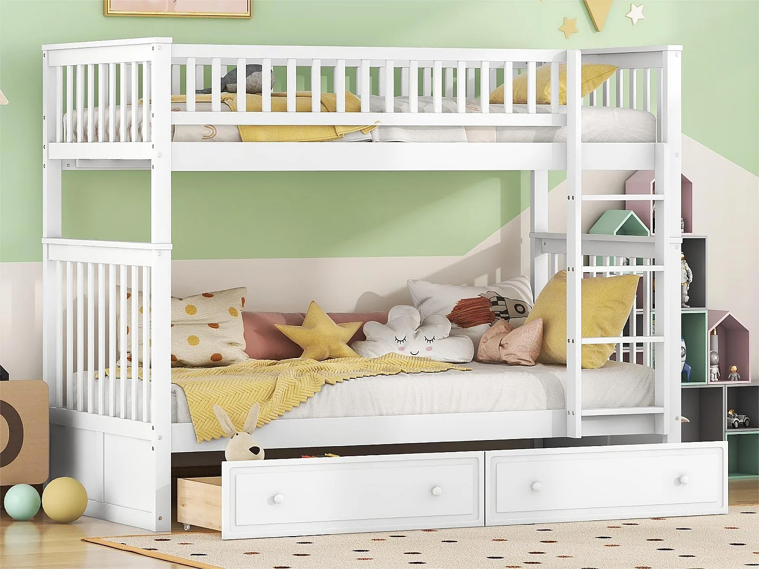 Litera de madera con cajones y escalera - 90x200cm - Blanco