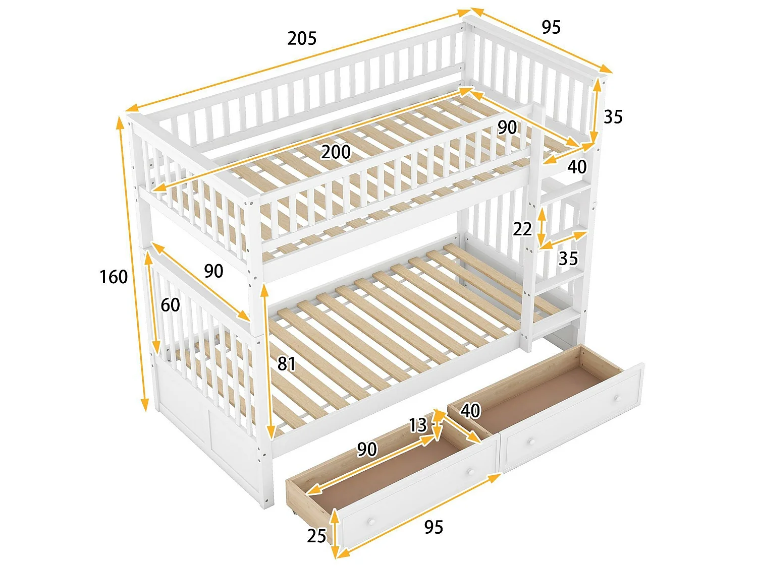 Litera de madera con cajones y escalera - 90x200cm - Blanco