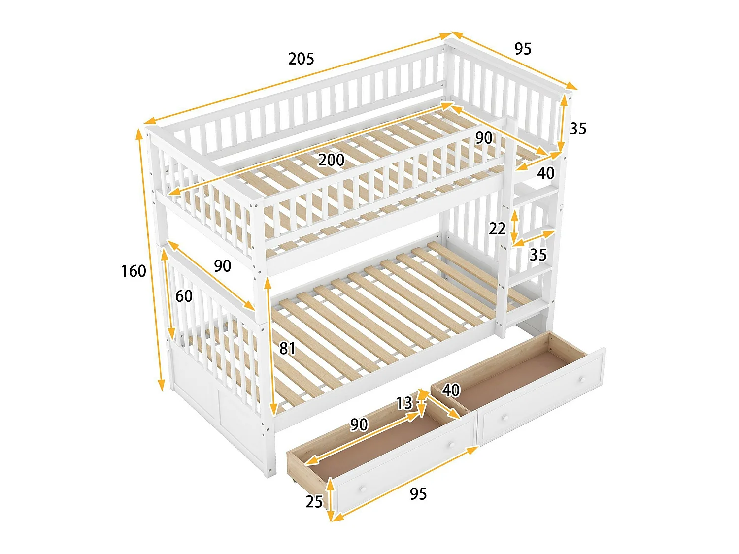 Lit superposé en bois de avec tiroirs et échelle - 90x200cm - Blanc