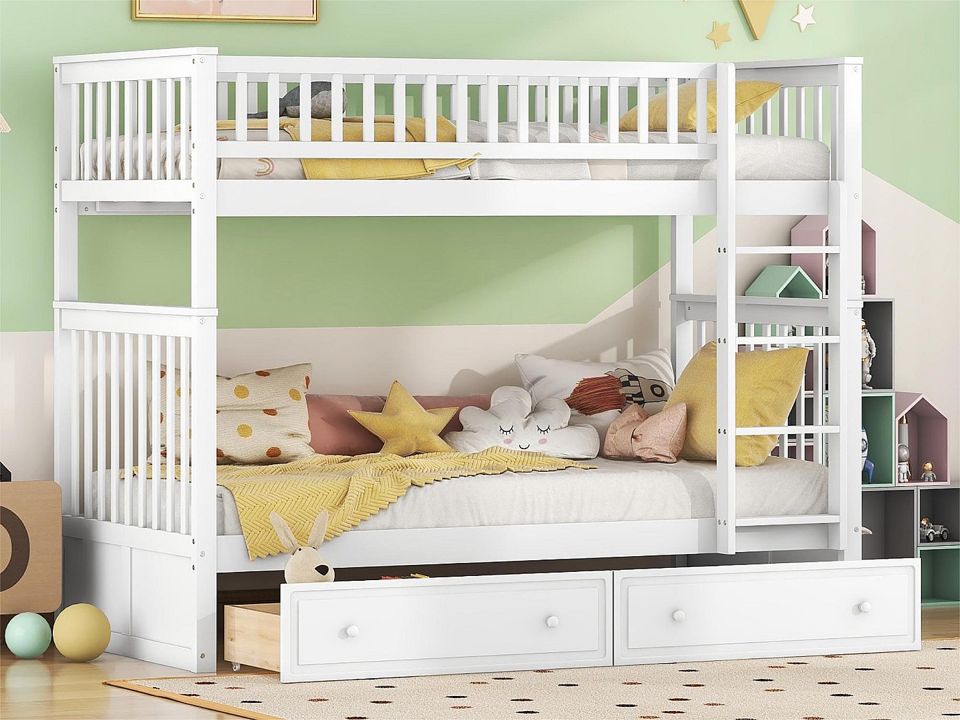 Lit Mezzanine 3 Places 90x200cm Avec Tiroirs Et Échelle Rangement – Blanc, En Bois (Pin Et MDF), Sans Matelas