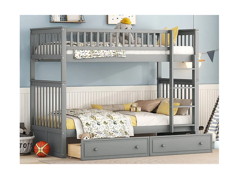 Litera de madera con cajones y escalera - 90x200cm - Gris