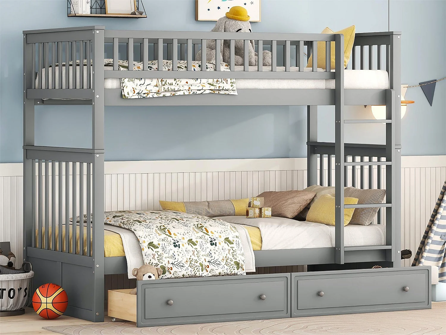 Letto a castello in legno con cassetti e scaletta - 90x200 cm - Grigio