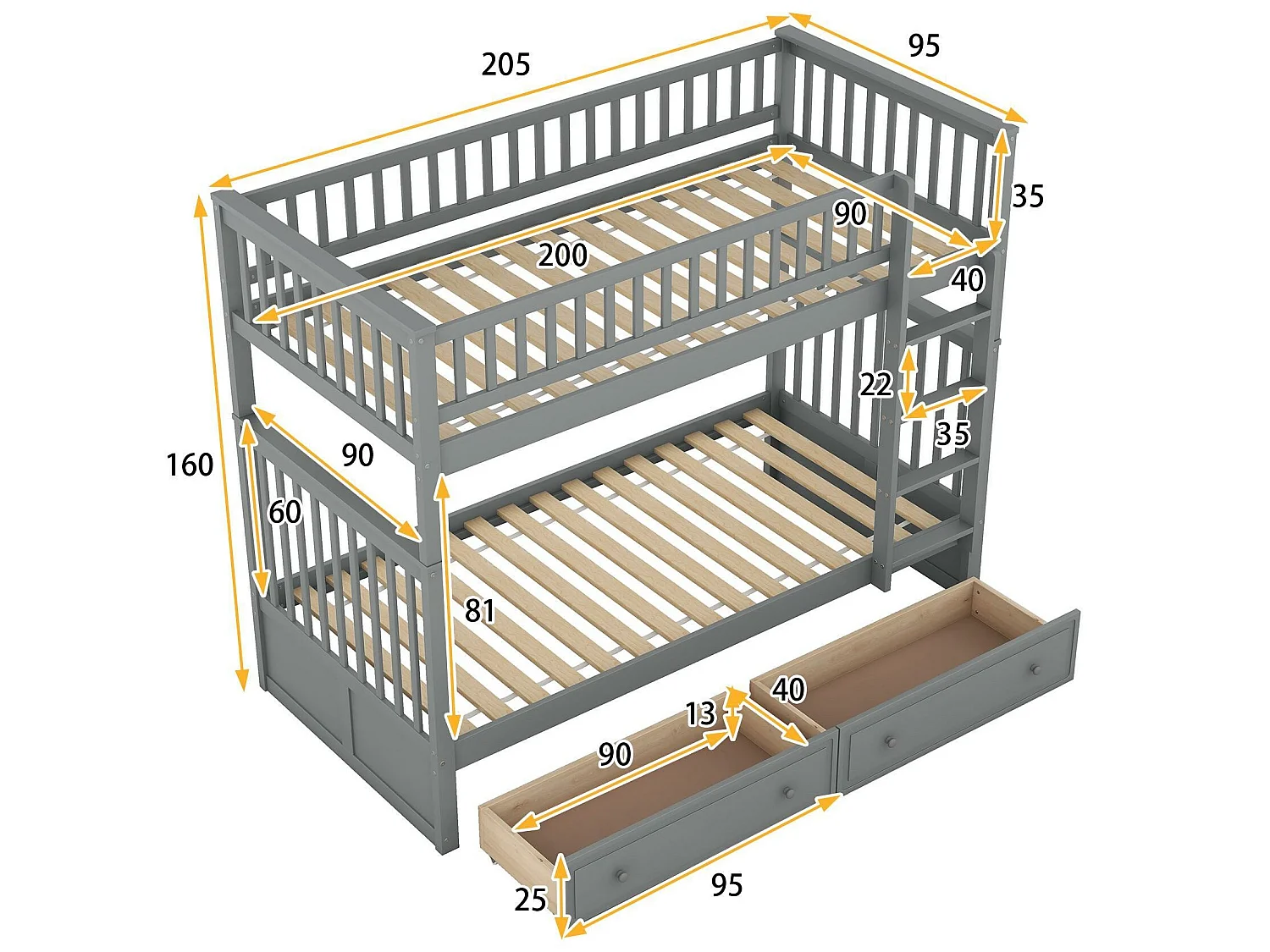 Letto a castello in legno con cassetti e scaletta - 90x200 cm - Grigio