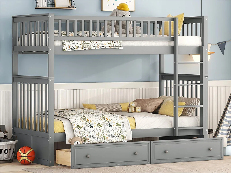 Houten stapelbed met lades en ladder - 90x200cm - Grijs