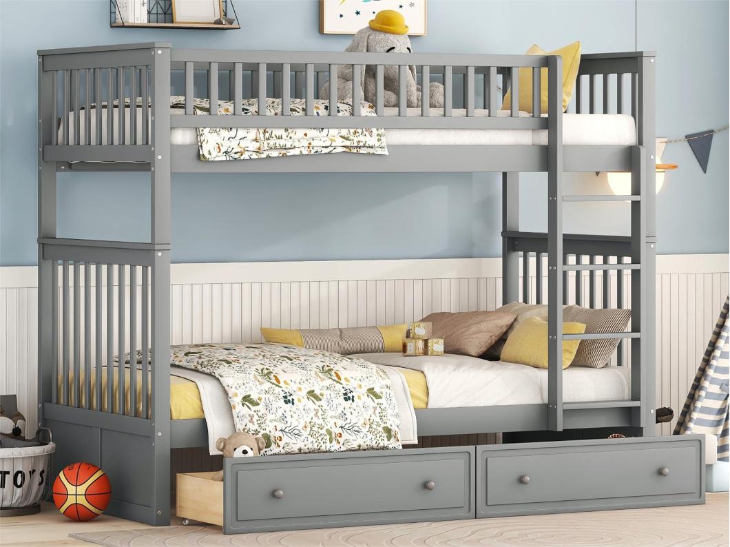 Houten stapelbed met lades en ladder - 90x200cm - Grijs