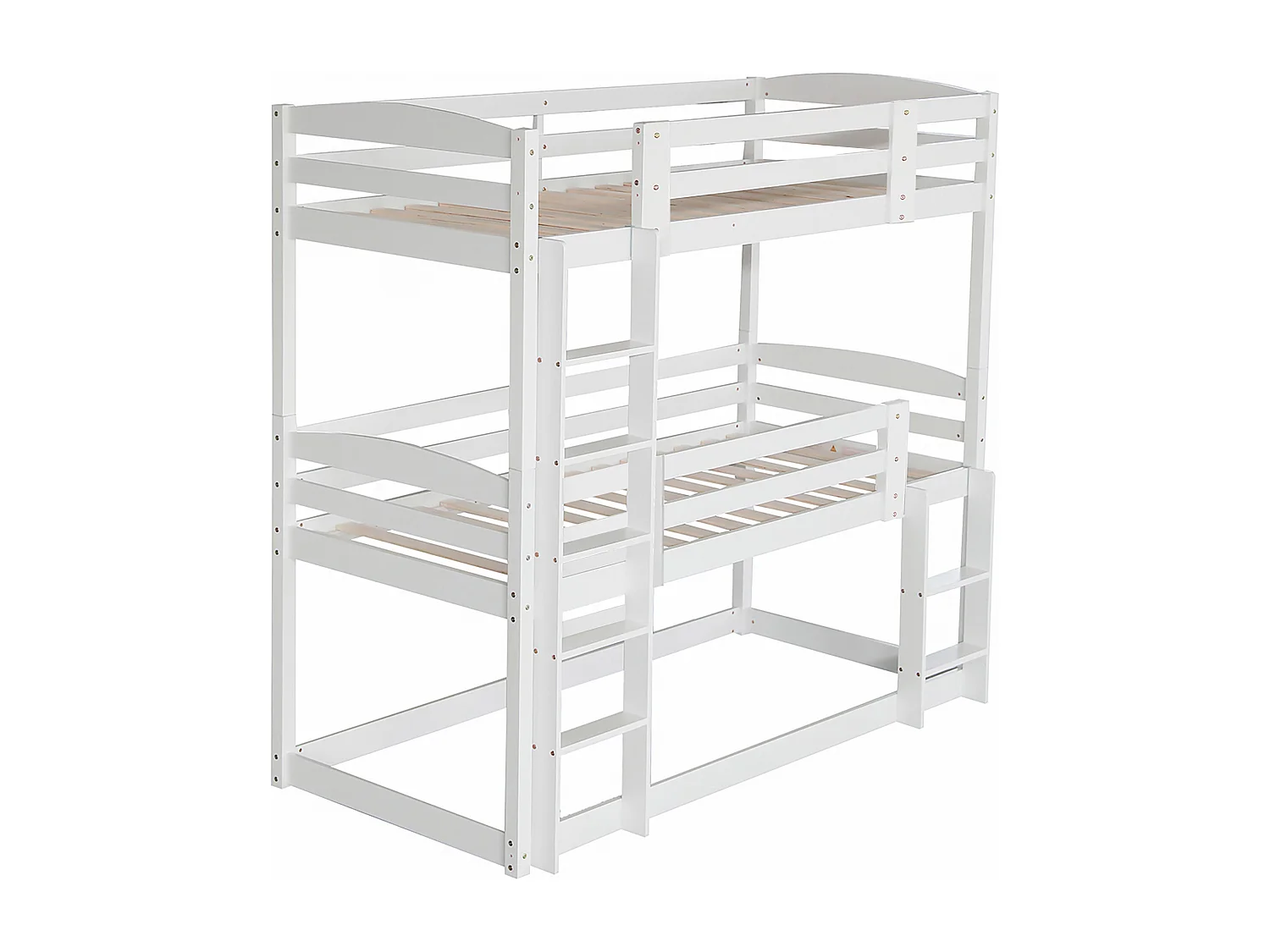 Driepersoonsstapelbed met ladder en beschermbarrière - 90x200cm - massief hout - Wit