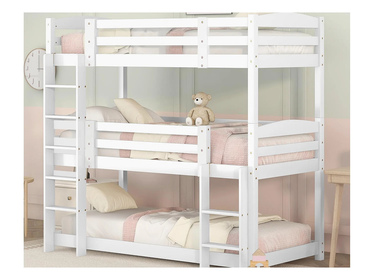 Lit superposé triple avec échelle et barrière de protection - 90x200cm - bois massif - Blanc