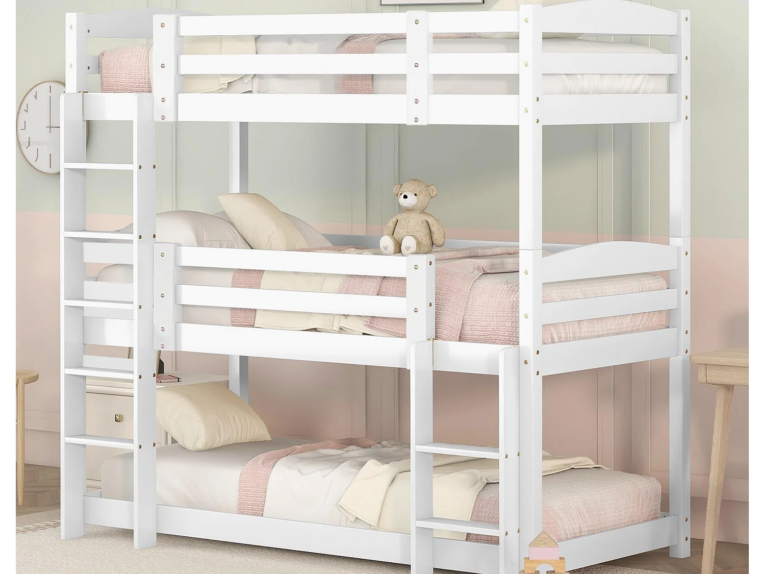 Letto a castello triplo con scaletta e barriera protettiva - 90x200 cm - legno massello - Bianco