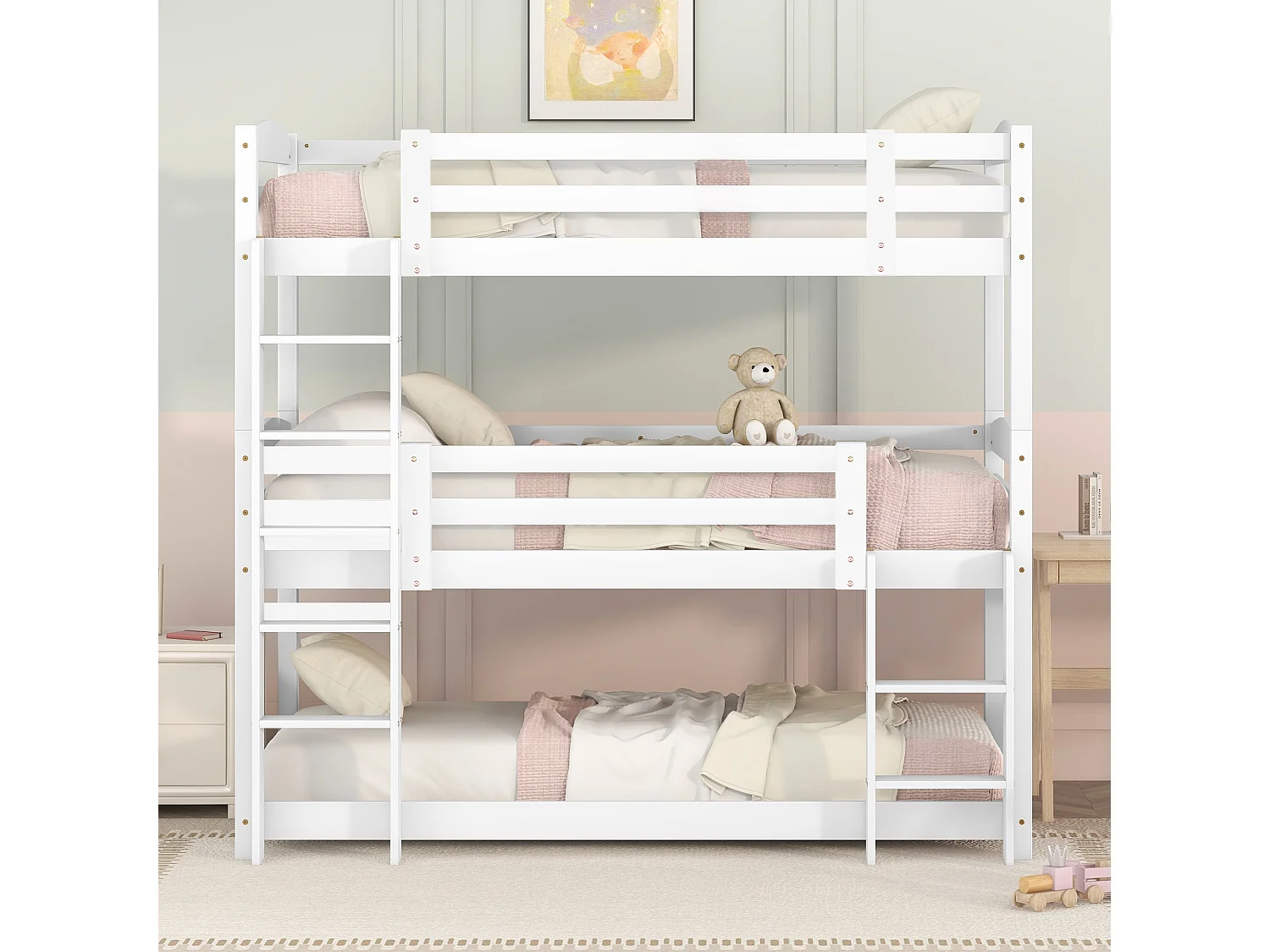 Letto a castello triplo con scaletta e barriera protettiva - 90x200 cm - legno massello - Bianco