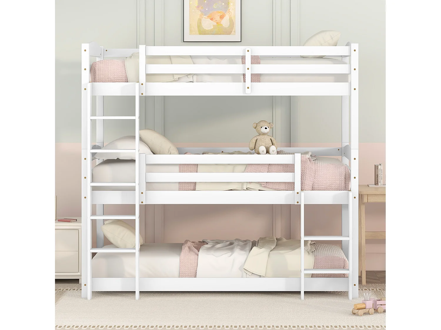 Dreifach-Etagenbett mit Leiter und Schutzbarriere – 90 x 200 cm – Massivholz – Weiß