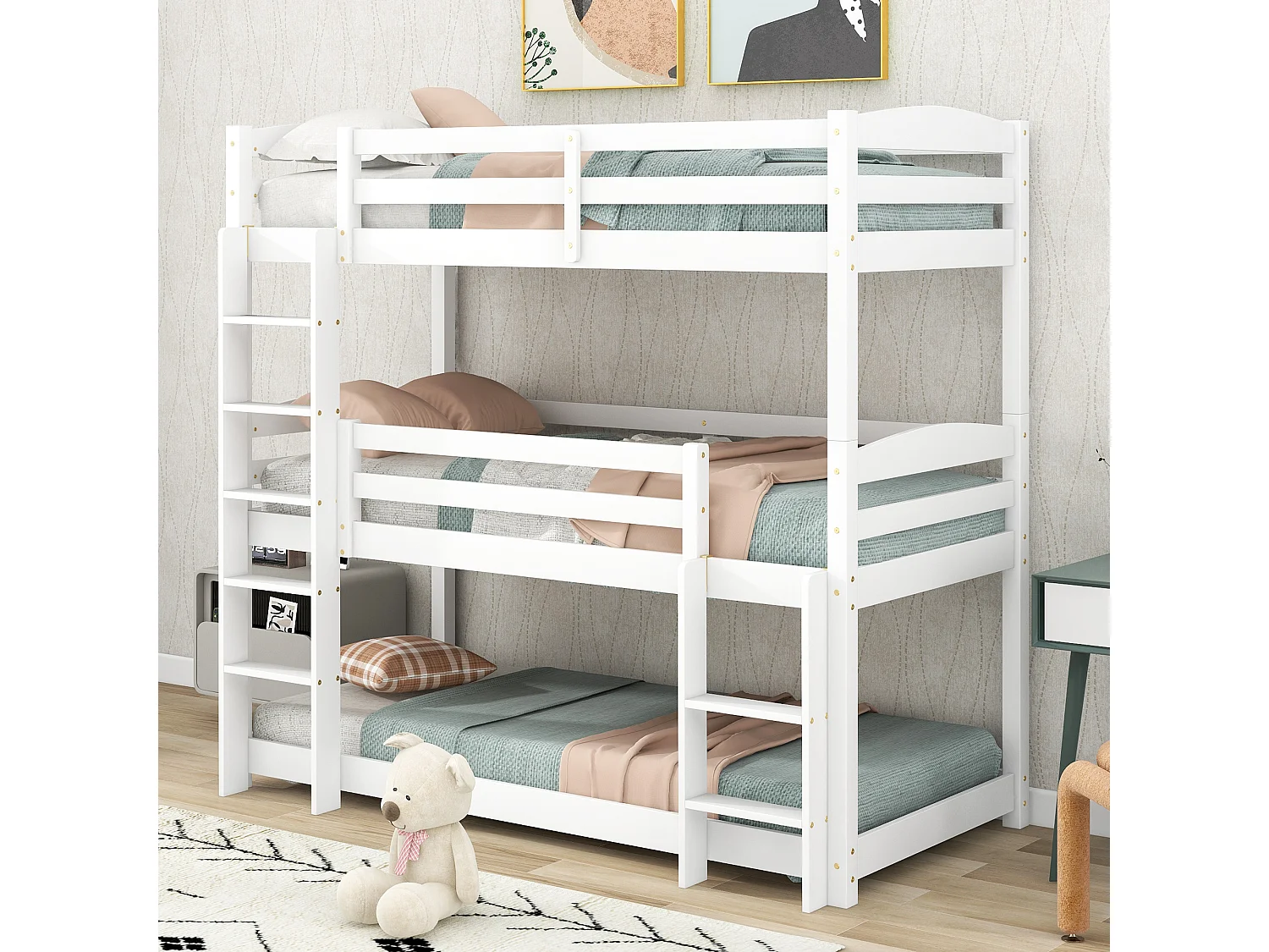 Dreifach-Etagenbett mit Leiter und Schutzbarriere – 90 x 200 cm – Massivholz – Weiß