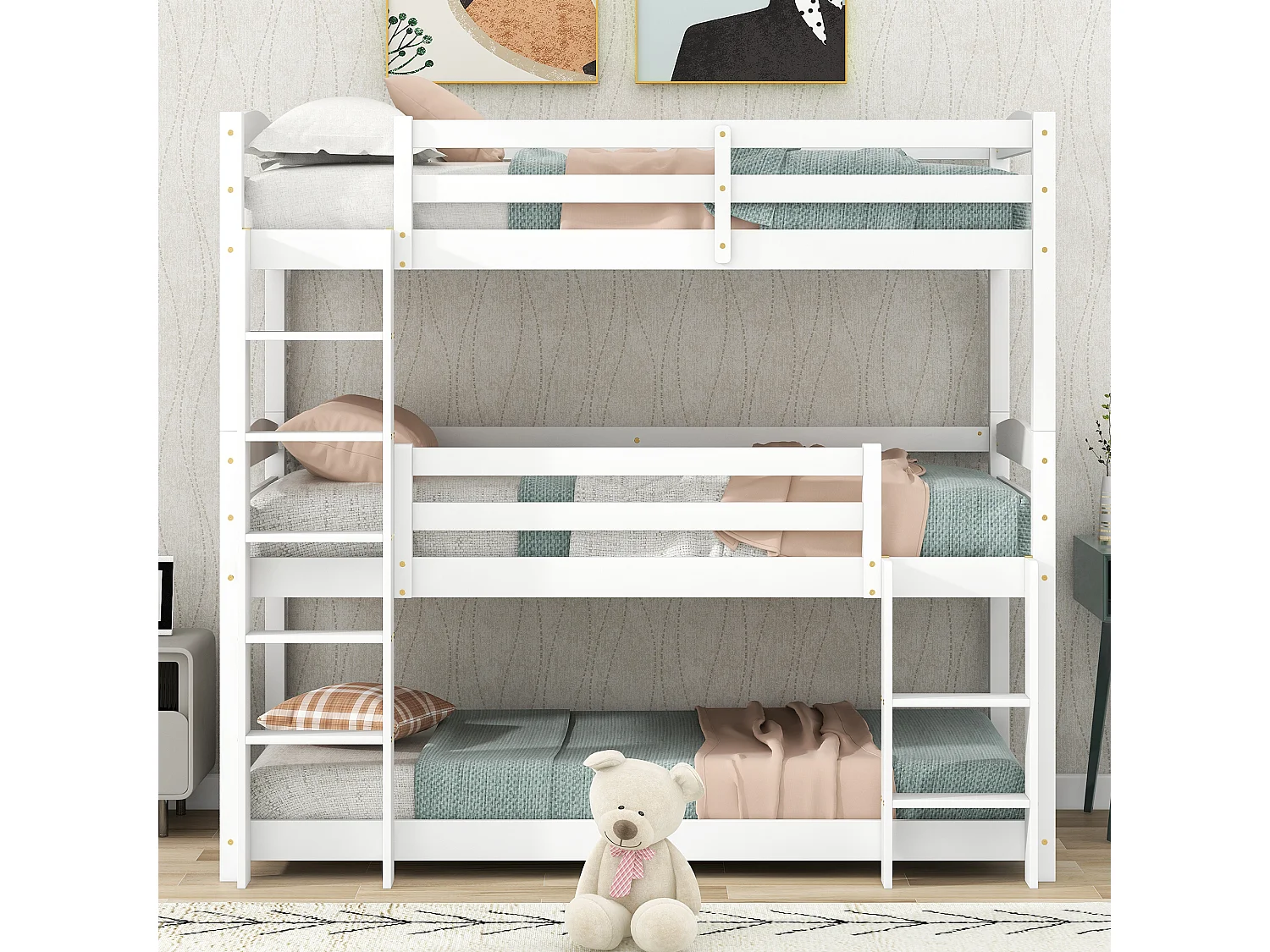 Dreifach-Etagenbett mit Leiter und Schutzbarriere – 90 x 200 cm – Massivholz – Weiß