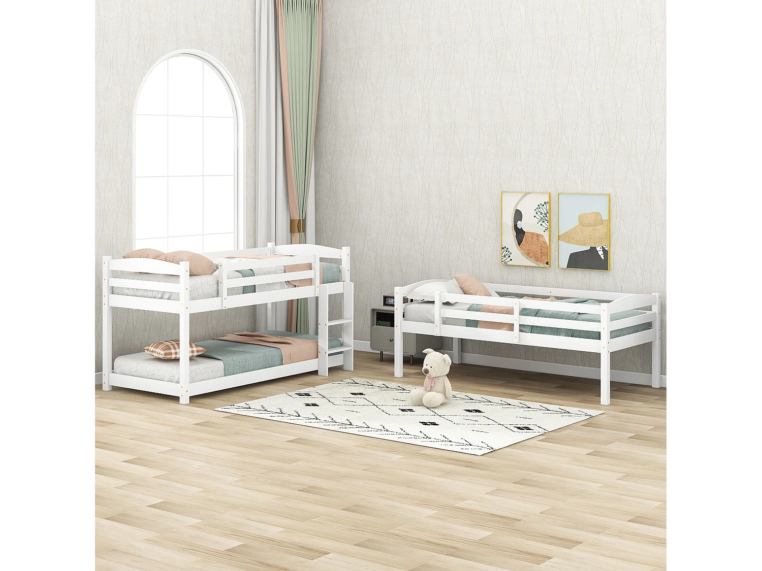 Dreifach-Etagenbett mit Leiter und Schutzbarriere – 90 x 200 cm – Massivholz – Weiß