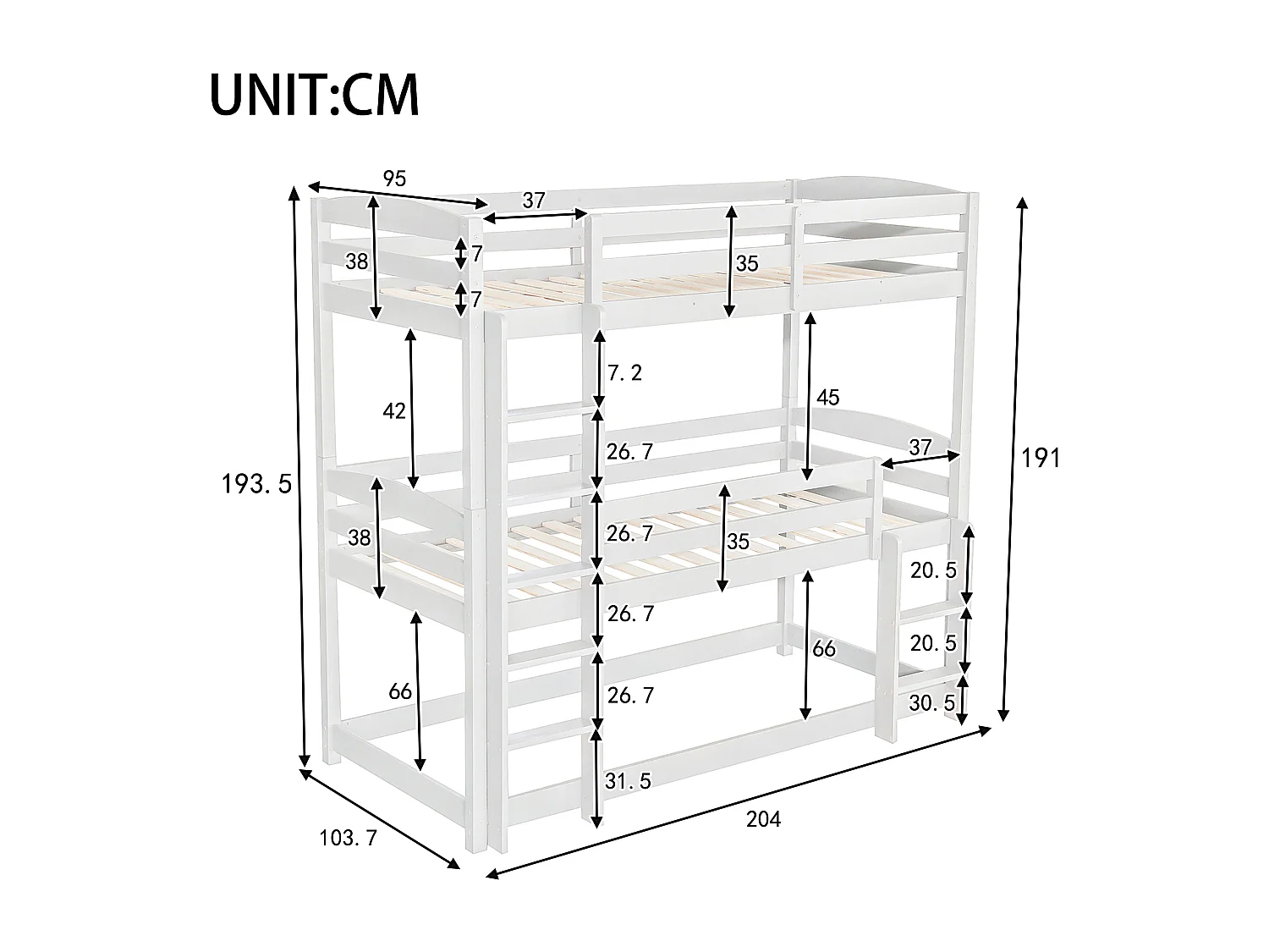 Dreifach-Etagenbett mit Leiter und Schutzbarriere – 90 x 200 cm – Massivholz – Weiß