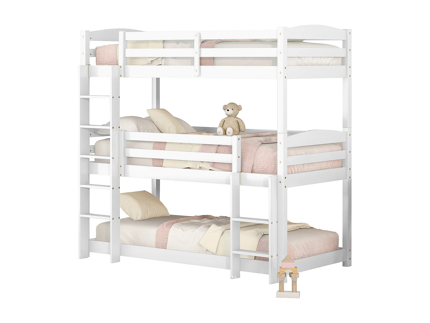 Dreifach-Etagenbett mit Leiter und Schutzbarriere – 90 x 200 cm – Massivholz – Weiß