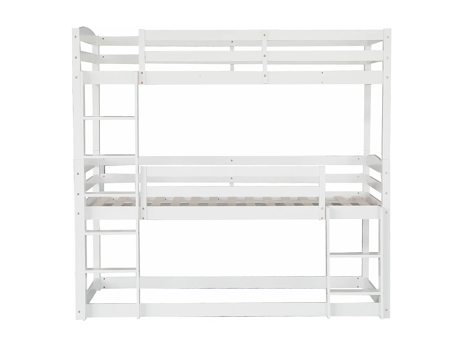 Dreifach-Etagenbett mit Leiter und Schutzbarriere – 90 x 200 cm – Massivholz – Weiß
