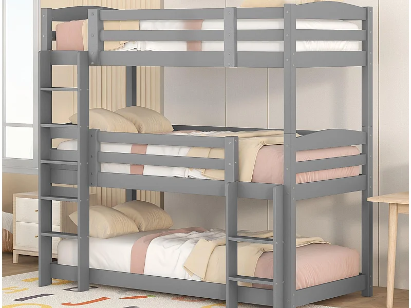 Driepersoonsstapelbed met ladder en beschermbarrière - 90x200cm - massief hout - Grijs