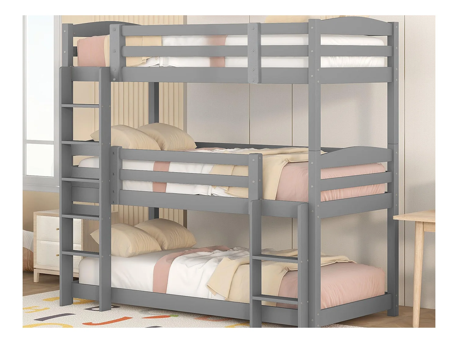 Lit superposé triple avec échelle et barrière de protection - 90x200cm - bois massif - Gris