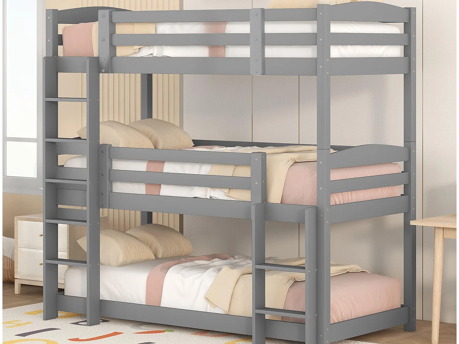 Lit superposé triple avec échelle et barrière de protection - 90x200cm - bois massif - Gris