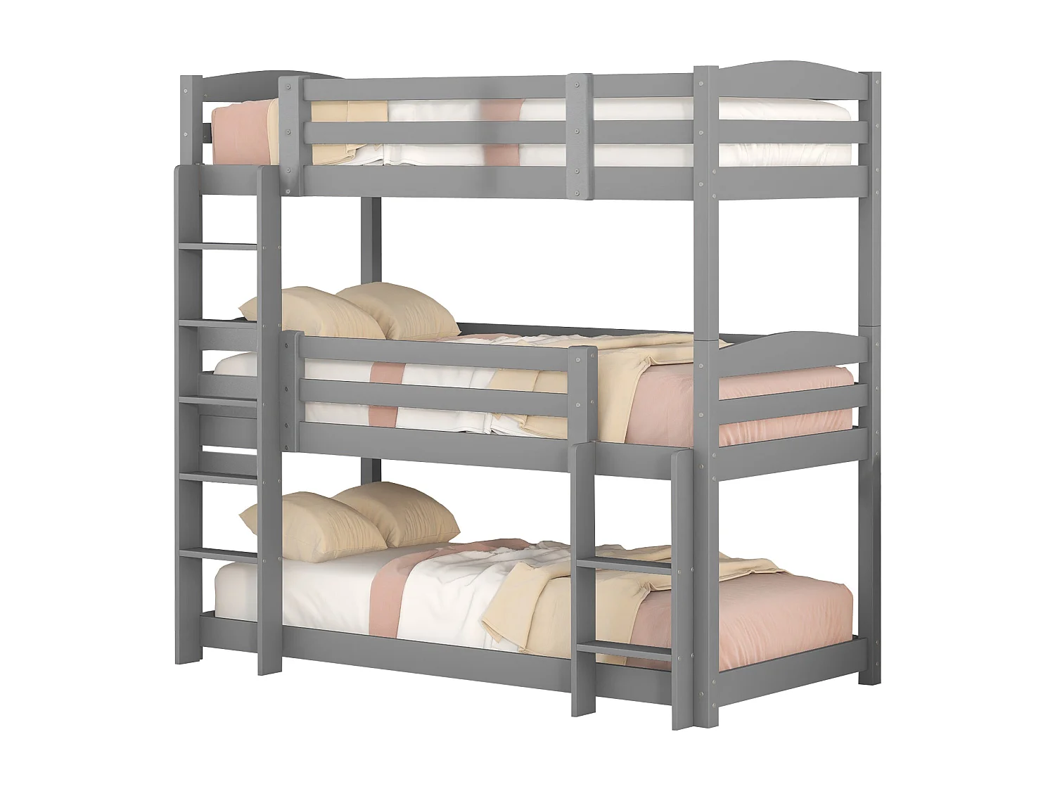 Lit superposé triple avec échelle et barrière de protection - 90x200cm - bois massif - Gris