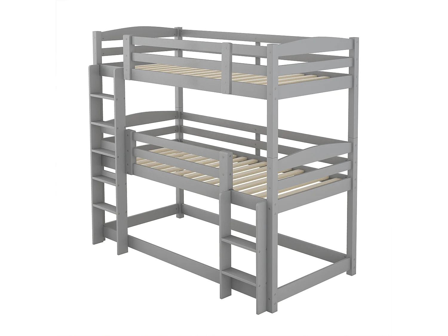 Lit superposé triple avec échelle et barrière de protection - 90x200cm - bois massif - Gris