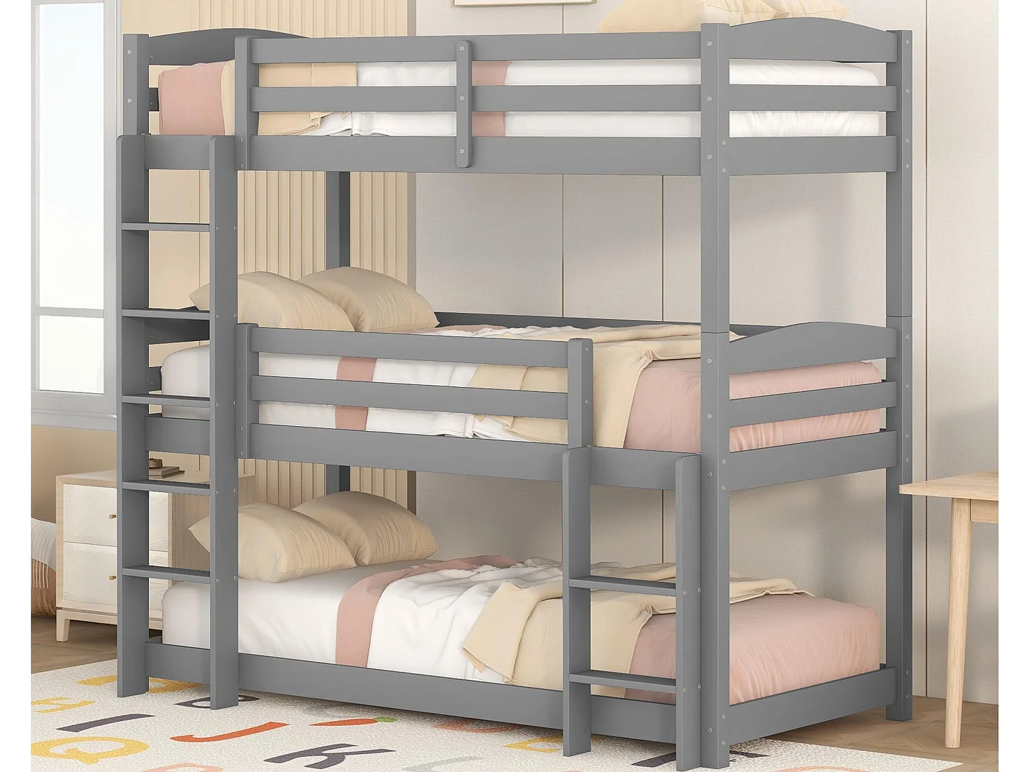 Driepersoonsstapelbed met ladder en beschermbarrière - 90x200cm - massief hout - Grijs