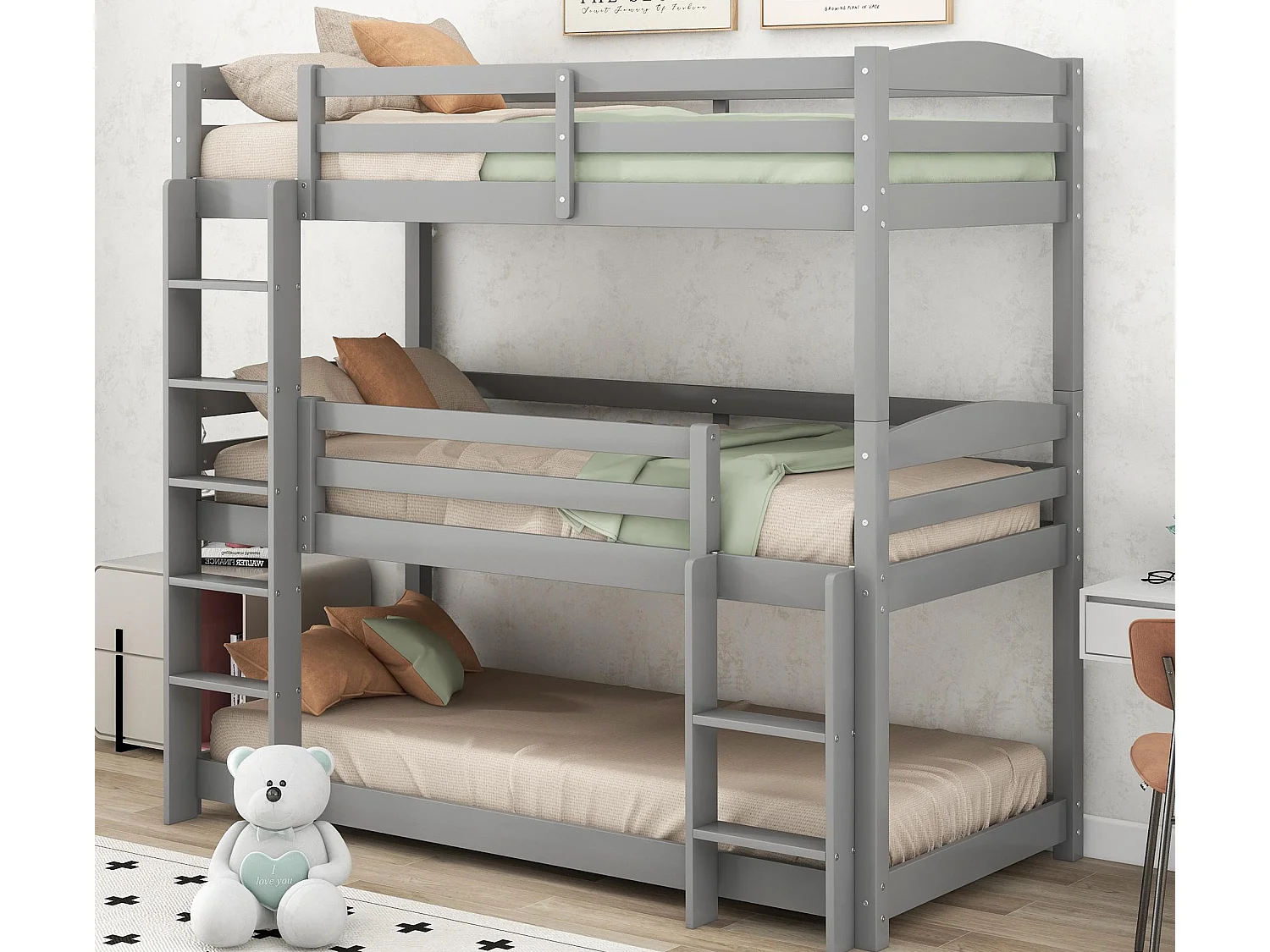 Driepersoonsstapelbed met ladder en beschermbarrière - 90x200cm - massief hout - Grijs