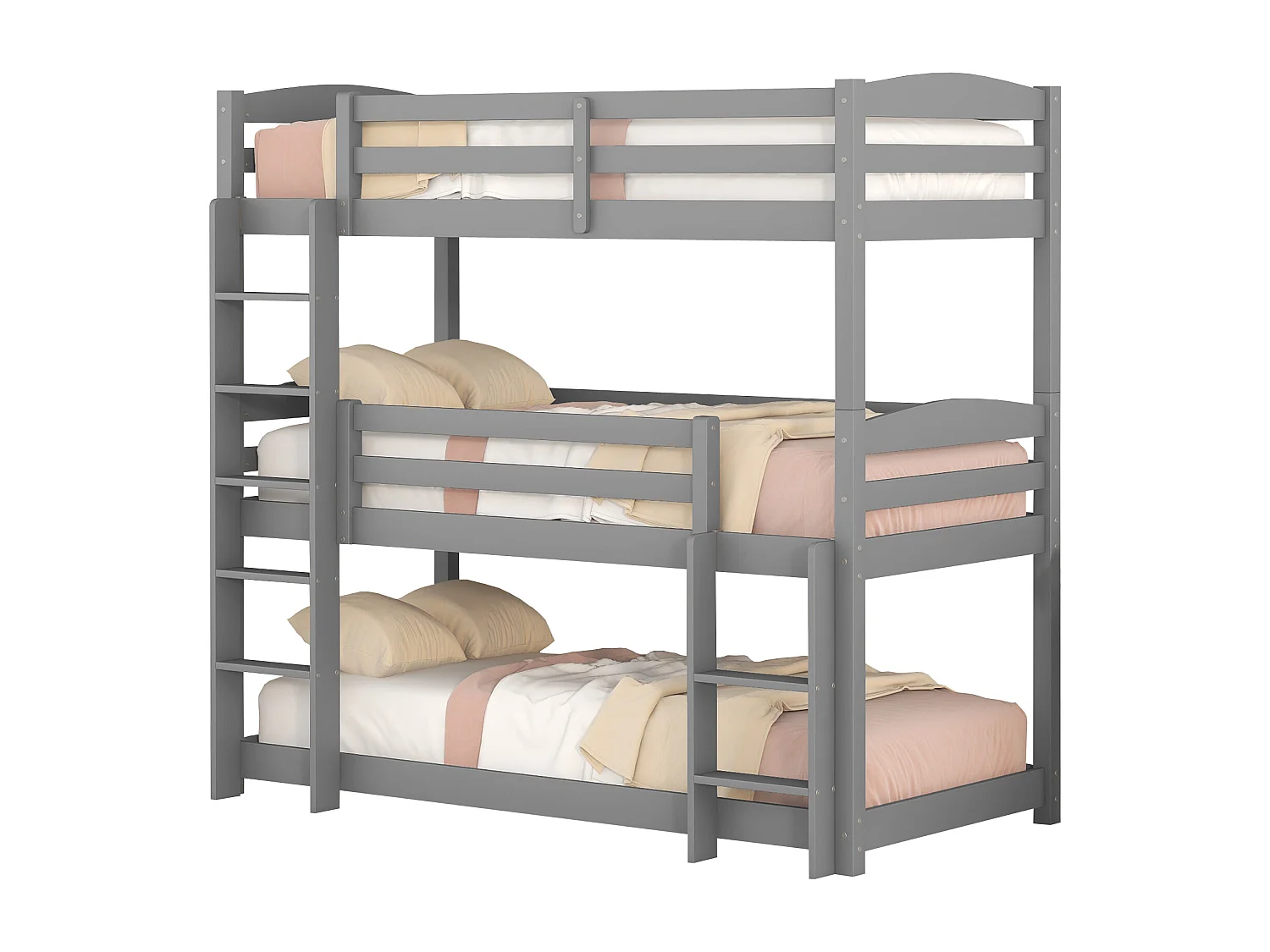 Driepersoonsstapelbed met ladder en beschermbarrière - 90x200cm - massief hout - Grijs