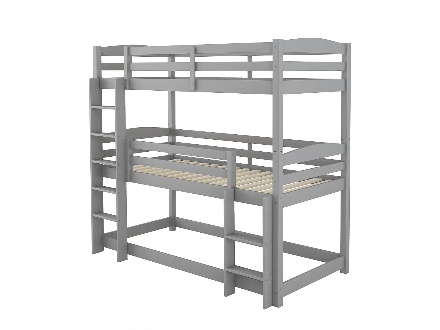 Driepersoonsstapelbed met ladder en beschermbarrière - 90x200cm - massief hout - Grijs