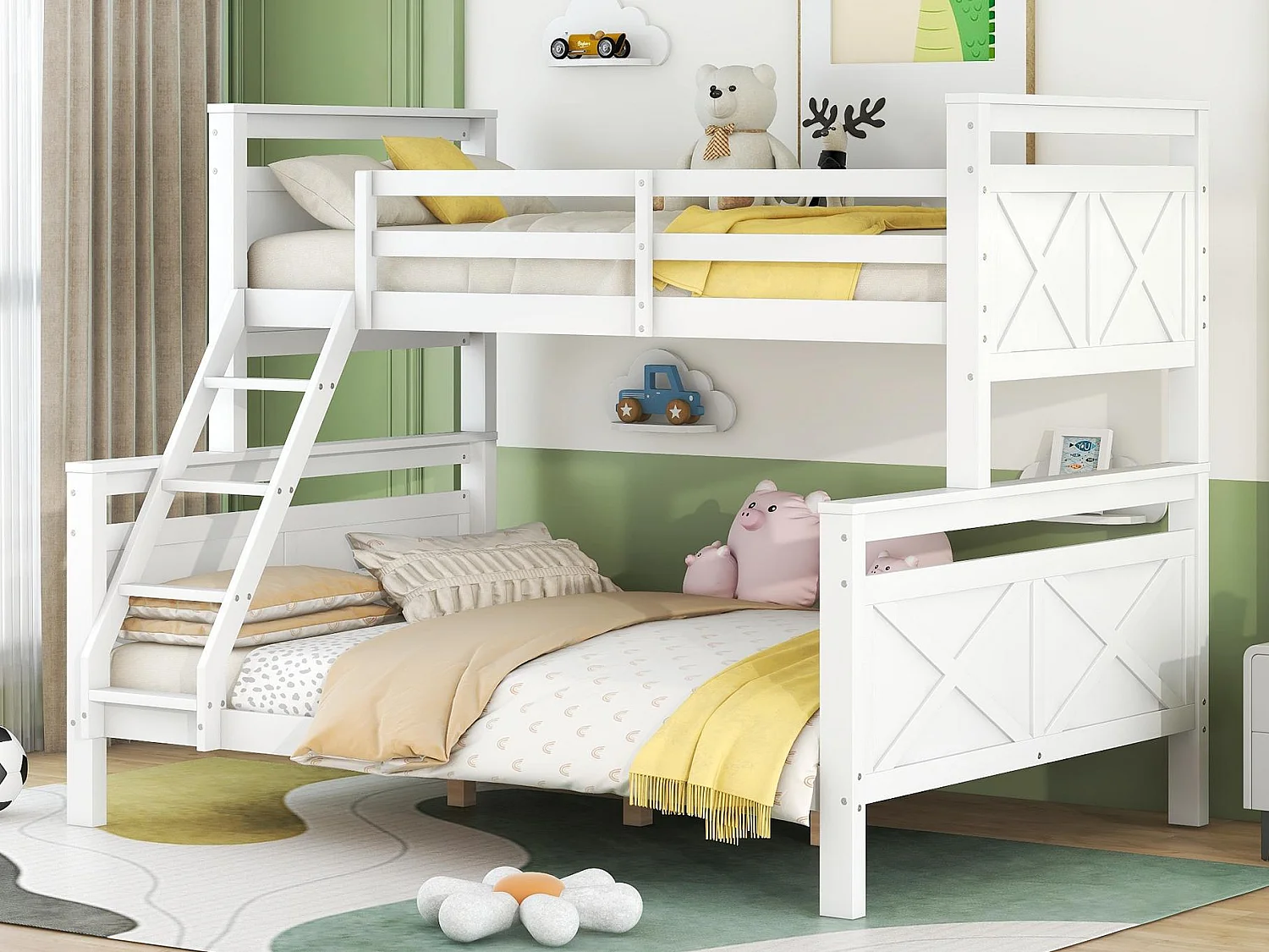 Letto a castello 90/140x200cm in legno di pino - con sponde e scaletta - Bianco