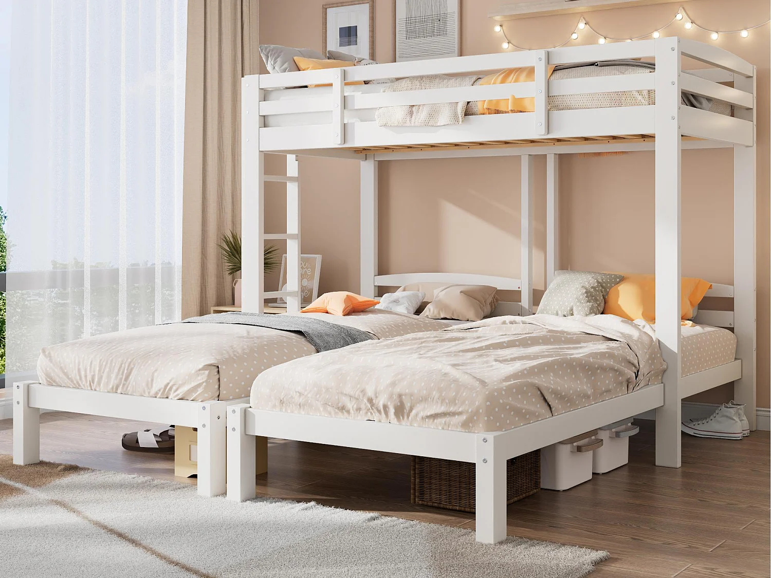 Driepersoonsstapelbed met lattenbodem - 90x200cm - massief hout - Wit