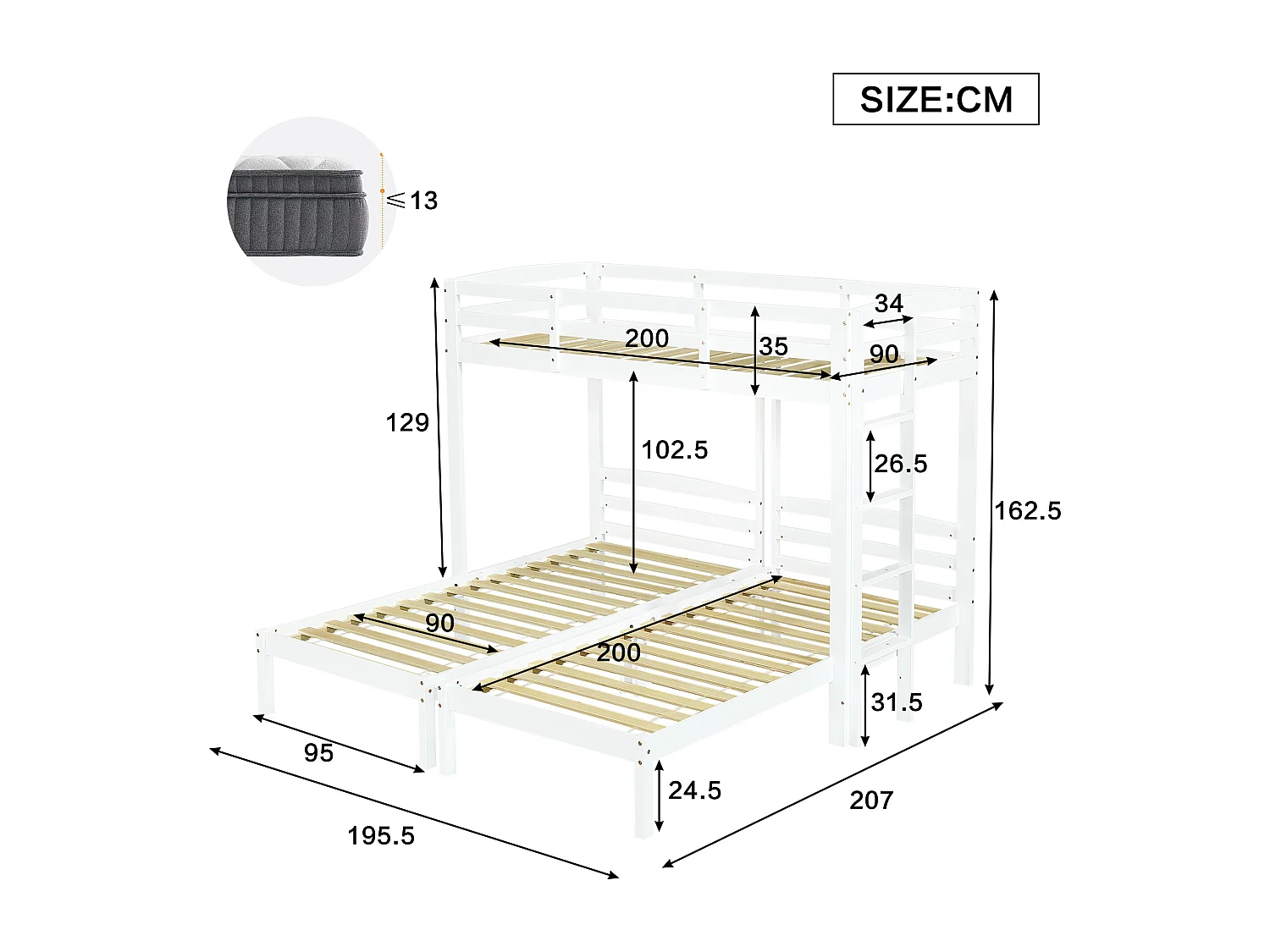 Letto a castello triplo con rete a doghe - 90x200 cm - legno massello - Bianco