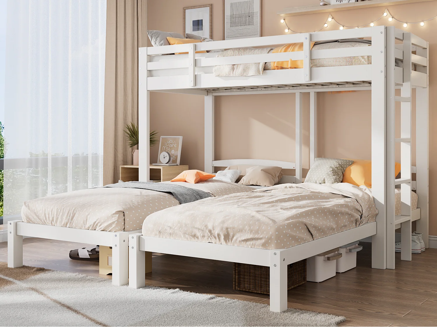 Driepersoonsstapelbed met lattenbodem - 90x200cm - massief hout - Wit