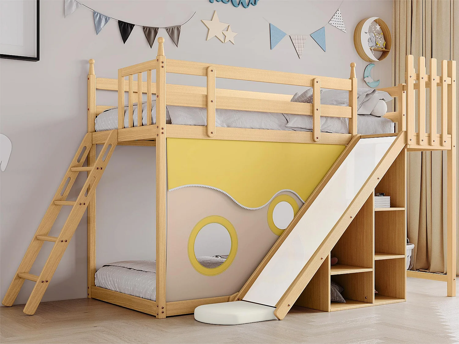 Lit superposé 90x200cm en pin massif avec échelle et toboggan de rangement - Naturel