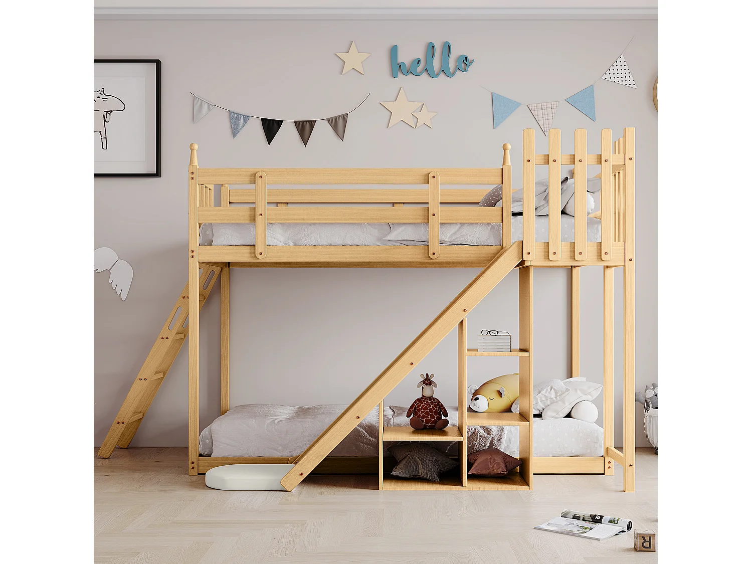 Lit superposé 90x200cm en pin massif avec échelle et toboggan de rangement - Naturel