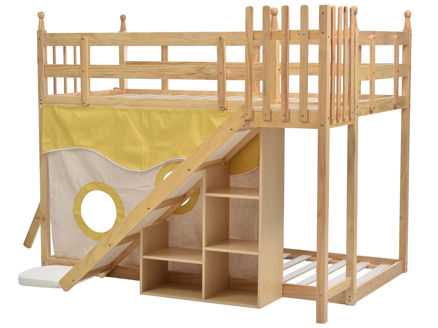 Lit superposé 90x200cm en pin massif avec échelle et toboggan de rangement - Naturel