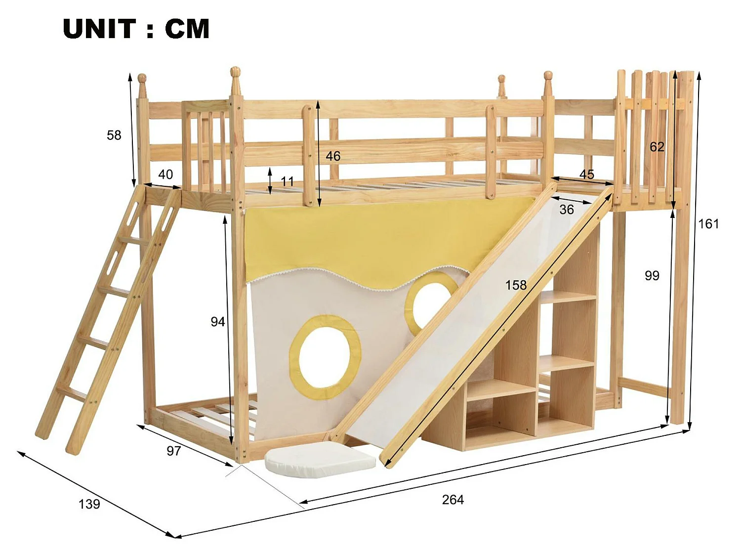 Lit superposé 90x200cm en pin massif avec échelle et toboggan de rangement - Naturel