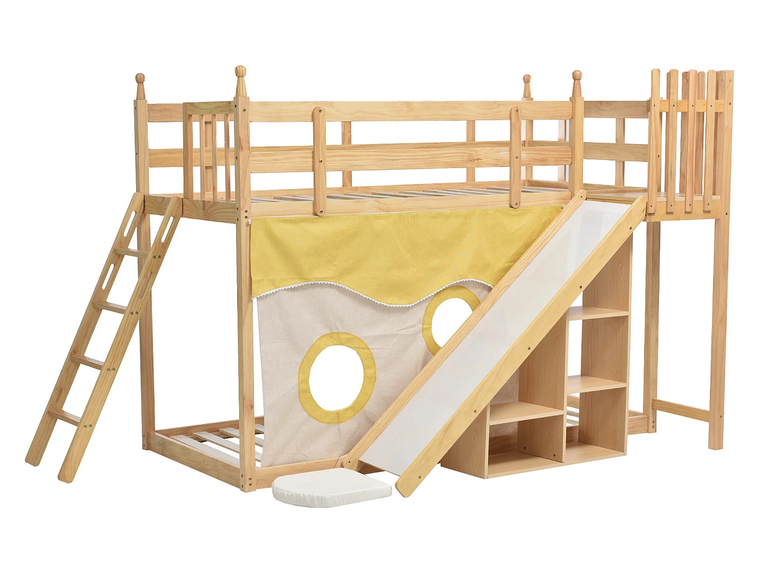 Lit superposé 90x200cm en pin massif avec échelle et toboggan de rangement - Naturel