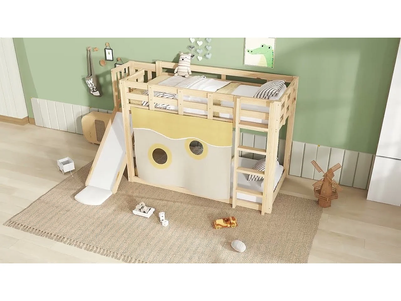 Lit superposé 90x200cm - avec échelle et rambarde - avec rideaux de lit et toboggan - MDF + bois massif - Naturel